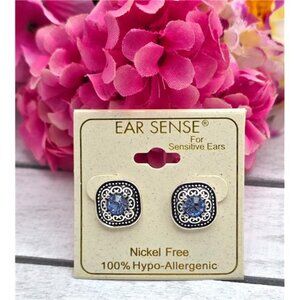 Ear Sense Blue Crystal Stud Earrings Silver Tone Square Filigree 14mm